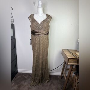 Ever pretty Long formal dress Tan with silver Floral lace size 18